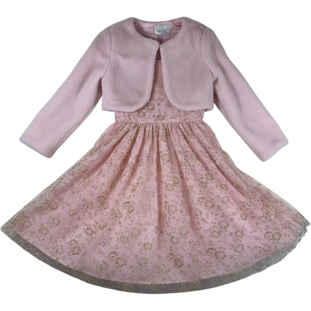 Rare Editions Dress Set Girls L 10/12 Pink Gold Glitter Floral Faux Fur Bolero